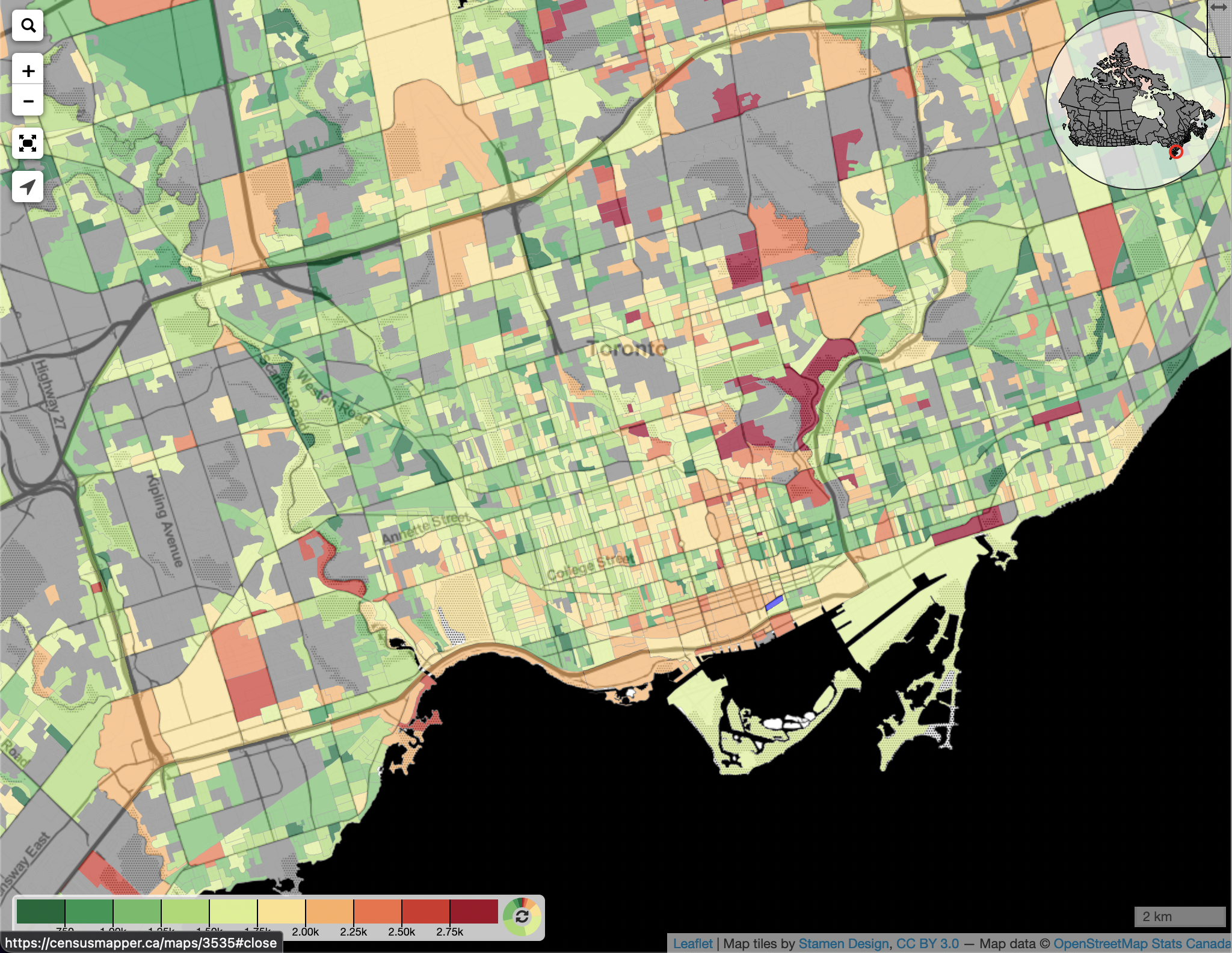 Median monthly shelter costs for rented dwellings in Toronto, CAD